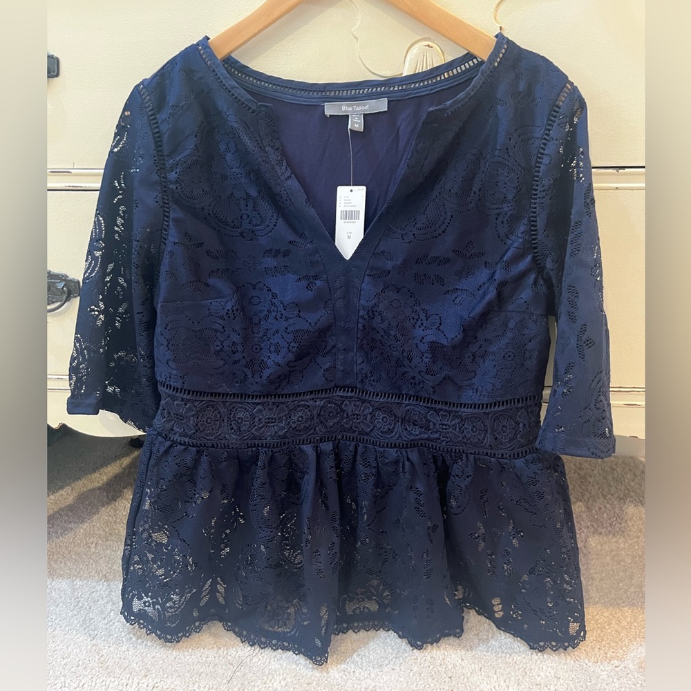 Blue Tassel Navy Lace Women Top 3/4 Sleeves Flare Waist NWT Size Medium